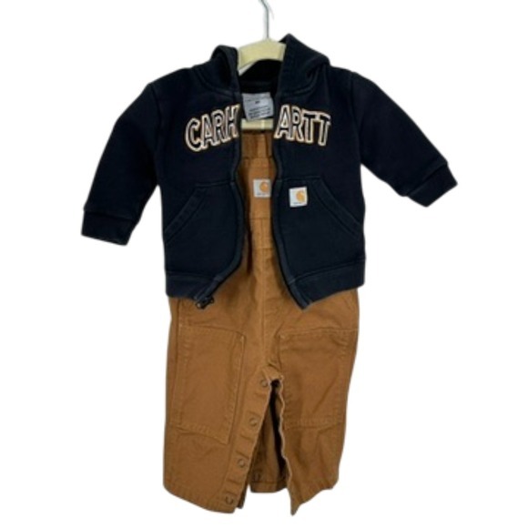 Carhartt Other - Carhartt Baby Toddler Set Brown Canvas Bib Overalls and Black Sweatshirt Size 6M